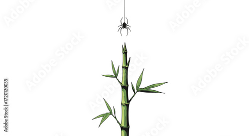 A tiny spider descends on a silken thread towards a vibrant green bamboo stalk, a miniature scene of nature's delicate balance and intricate creation.