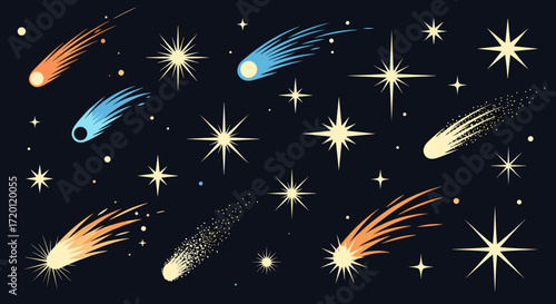 A collection of colorful shooting stars and sparkling celestial bodies against a dark night sky.