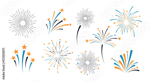 A collection of brightly colored abstract fireworks and starburst bursts bursting in a celebratory display against a white background.