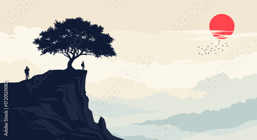 Two figures stand on a cliff edge overlooking a misty mountain landscape with a single tree and a bright sun in the sky.