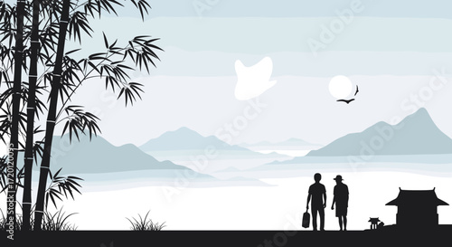 A serene mountainous landscape with bamboo trees and two travelers.