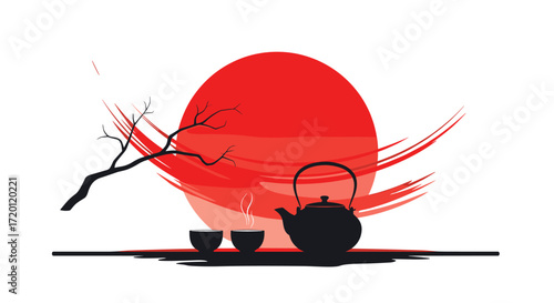 A tranquil scene of a Japanese tea ceremony with a large red sun in the background and delicate cups and teapot.