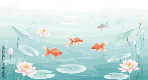 A serene underwater scene with goldfish swimming amongst lotus flowers and lily pads.