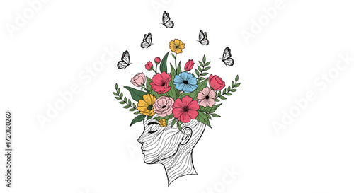An artistic depiction of a woman's head filled with blooming flowers and butterflies.
