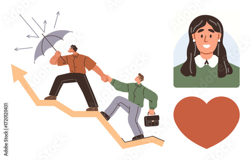Two people climbing arrow chart, one shielding with umbrella, symbolizing guidance. Portrait of woman and heart symbol reinforce empathy, leadership, teamwork. Ideal for motivation, collaboration