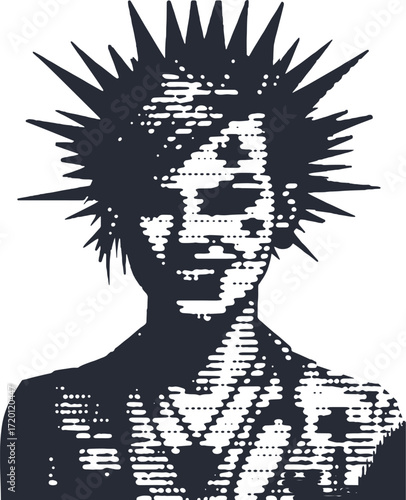 Edgy Punk Woman Portrait Canvas Art. Modern Monochrome Digital Illustration with Spiked Hair. Abstract Halftone Style Graphic Wall Decor for a Bold Statement Piece.