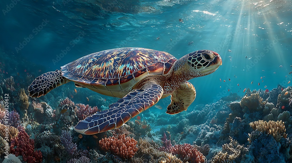Fototapeta premium Sea Turtle Swimming Over Vibrant Coral Reef Underwater in Crystal Clear Ocean