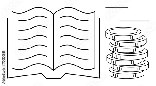 Open book with visible pages beside a neat stack of coins, symbolizing the relationship between education and financial growth. Ideal for knowledge, learning, investment, value, wealth, literacy