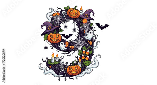 Halloween number nine with spooky elements.