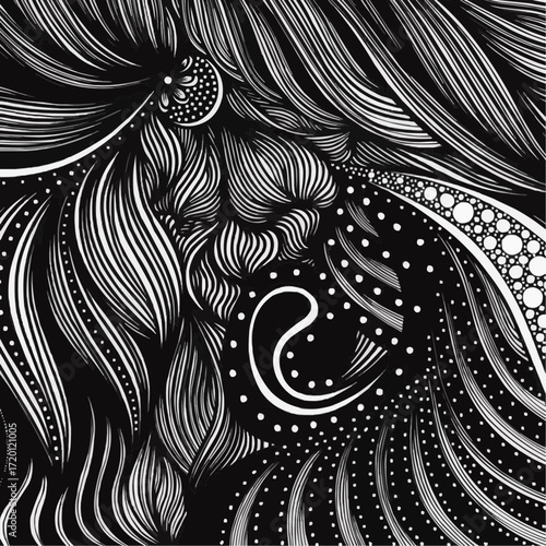 A captivating black and white abstract composition of swirling lines and dots, a mesmerizing display of intricate ornamental and fluid motion design