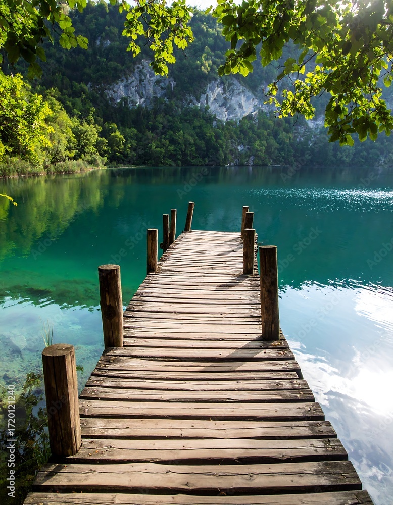 Naklejka premium Serene lake pier under canopy of trees