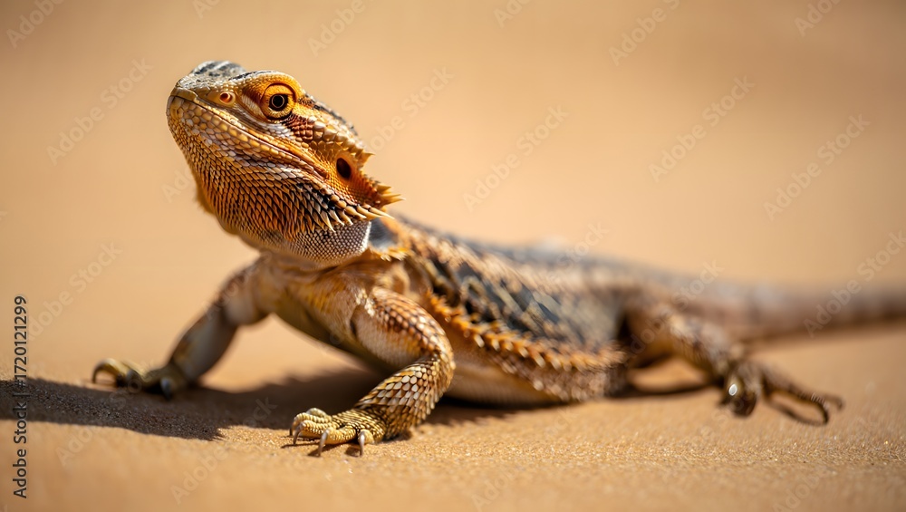 Fototapeta premium Bearded Dragon in Desert SandEditorial still-life photography of a bearded dragon lizard partially buried in desert sand, basking in soft golden light.