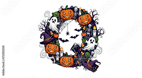 Halloween themed letter Q with pumpkins ghosts and bats.