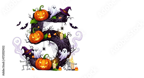 Halloween themed number five with pumpkins and ghosts.
