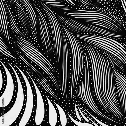 Elegant monochrome graphic with intricate, flowing lines and stippled dots, creating a dynamic abstract pattern of natural harmony