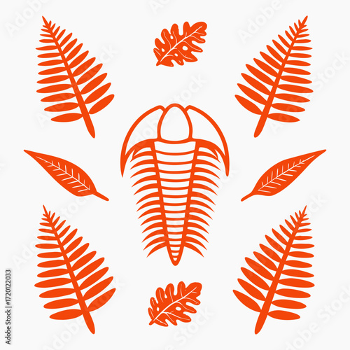 Fossilized trilobite and fern illustrations in orange