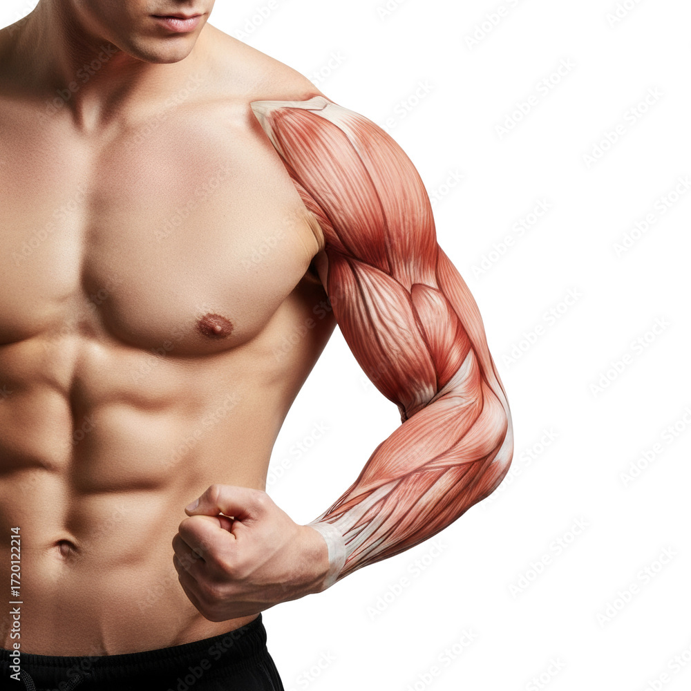 Naklejka premium Anatomical Representation of Human Muscular Structure on Male Torso with Transparent Area