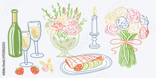 Romantic dinner setting with champagne flowers candle and food illustration