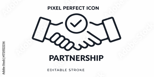 Pixel perfect icon representing partnership with a handshake and a checkmark inside a circle