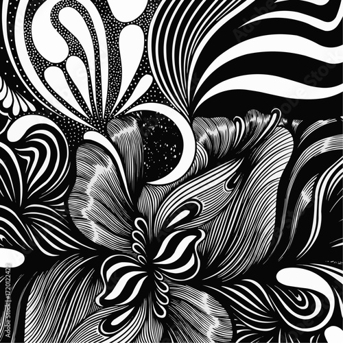 Monochrome abstract illustration of a surreal flower with intricate line art, dynamic swirls, and psychedelic patterns in a hypnotic cosmic style