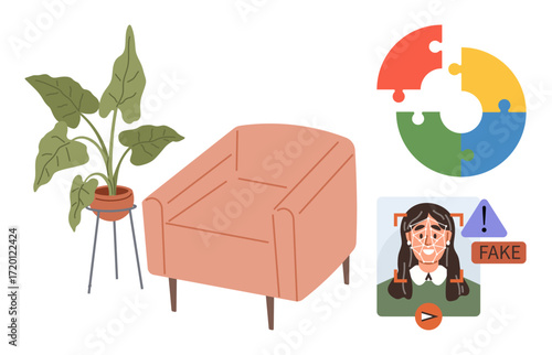 Armchair beside potted plant, circular puzzle diagram, person in ID verification system marked fake. Ideal for interiors, identity verification, digital security, warnings, home styling, data