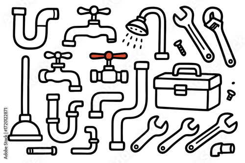 Illustration of Plumbing Tools and Fixtures in Black and Red on Transparent Background