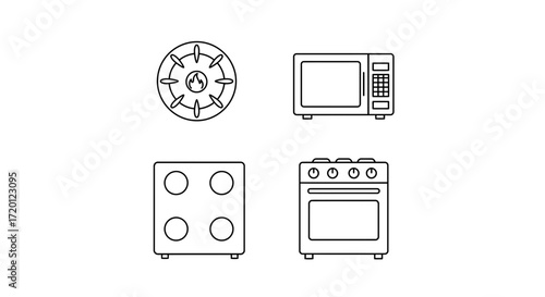 A set of kitchen appliances, including a stove, gas hob, oven and microwave