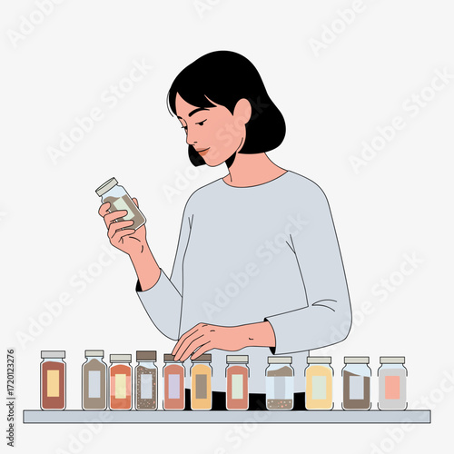Woman examining spice jar while standing in a kitchen setting  