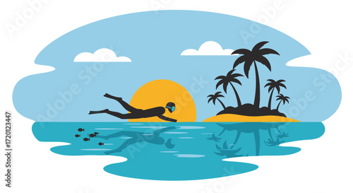 Person swimming in the ocean towards a tropical island with palm trees during sunset