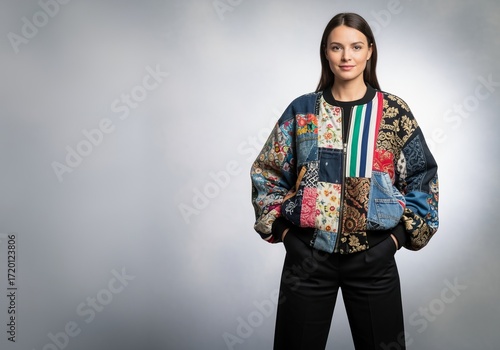 European woman in patchwork jacket standing with hands in pockets