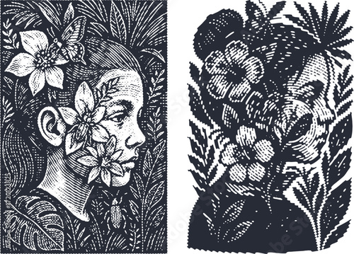 Monochrome Jungle Muse: Vintage linocut style canvas digital art featuring a woman's profile with exotic flowers, insects, and lush botanical foliage for unique wall decor.