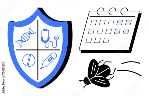 Shield with DNA, stethoscope, medicine, thermometer calendar, and pest illustrating health safety, medical care, prevention, pest control. Ideal for healthcare wellness schedule hygiene