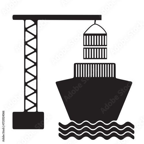 Vector illustration of transport or delivery on ship with crane icon