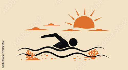 Vibrant vector illustration capturing a person swimming in the clear ocean waters beneath a warm summer sun, perfect for themes of relaxation, vacation, and aquatic adventures