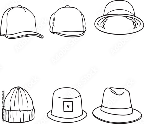An illustration of six different types of hats including fedora beanie and baseball caps in black outline