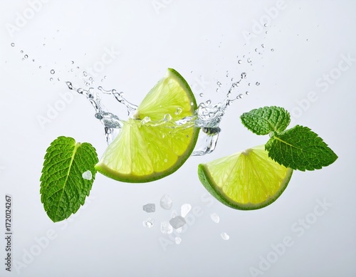 Refreshing Citrus Burst: A lime wedge plunges into crystal-clear water, creating a dynamic splash, accompanied by fresh mint leaves and droplets, a refreshing visual.