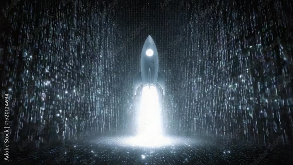 Futuristic toy rocket launching and flying through a dark digital tunnel made of glowing binary code, representing technological progress, innovation, business startup, and the digital age