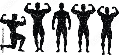 Black silhouette vector illustration of muscular male bodybuilders in various professional competition poses showing muscle definition, strength, and fitness training concepts