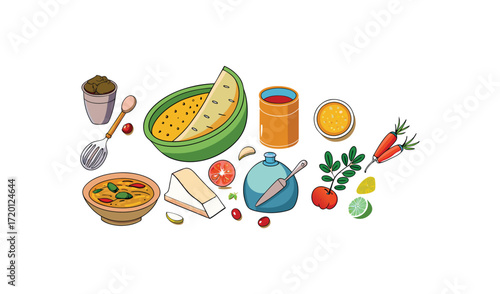 Colorful Illustration of Various Food Ingredients and Dishes