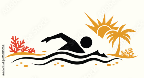 A stylized graphic design icon of a swimmer in the ocean waves, with a tropical island, palm tree, and sun representing a summer vacation