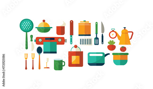 Colorful Flat Lay Illustration of Kitchen Utensils and Appliances
