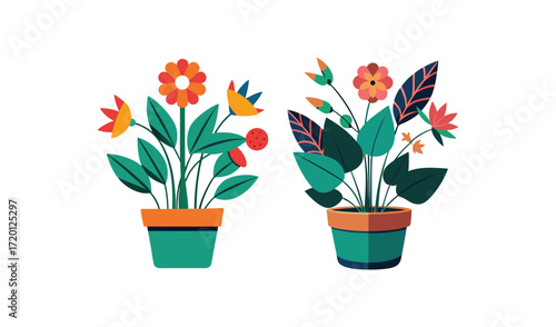 Vibrant Floral Houseplants in Teal Pots: Flat Design Illustration