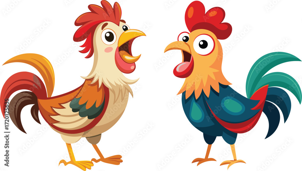 Fototapeta premium Two Cartoon Roosters with Colorful Feathers and Open Beaks