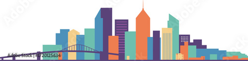 Colorful city skyline illustration, modern suspension bridge artwork, abstract urban architecture design, vibrant geometric cityscape background, contemporary metropolitan landmark,