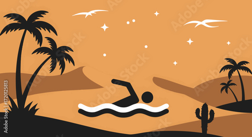 Night desert oasis swim graphic illustration. Stylized person swimming, framed by silhouetted palm trees, cactus, and a starry sky. Serene and unique vector art