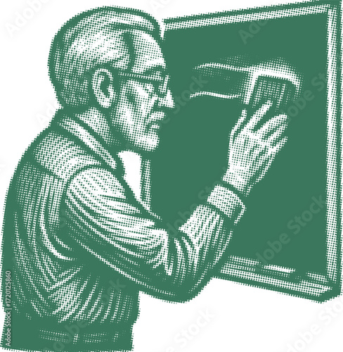 Nostalgic Halftone Digital Art of a Retired Teacher Erasing the Last Chalk Note. Vintage Classroom Scene, End of an Era Canvas Print for Education Lovers.