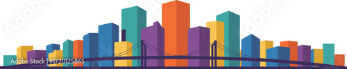 Colorful city skyline illustration, modern suspension bridge artwork, abstract urban architecture design, vibrant geometric cityscape background, 