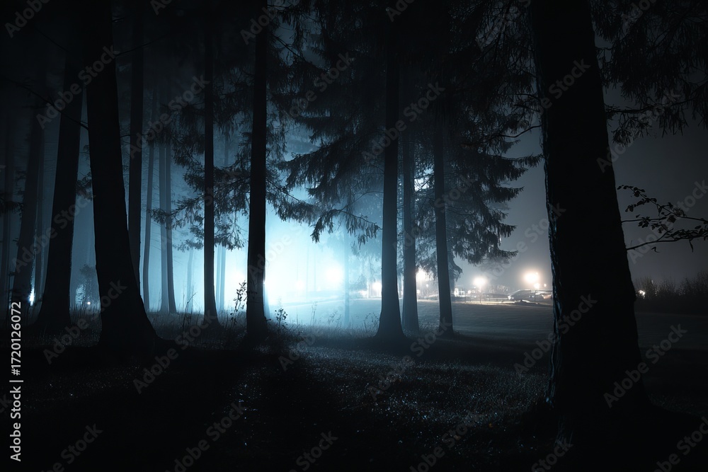 Fototapeta premium a dark forest at night, with trees casting eerie shadows and fog rolling in from the horizon. 