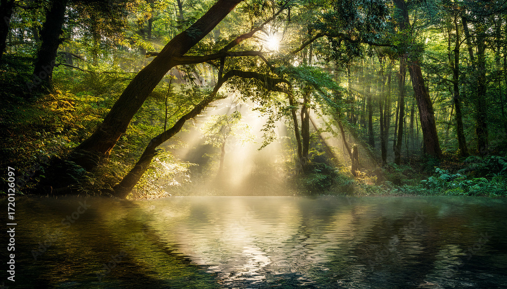 Fototapeta premium Mystical Light Through The Canopy Generative Ai