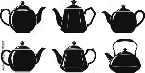 Collection of six teapot silhouettes in various shapes and styles, traditional and modern designs, kitchenware, tea brewing, beverage concept illustration